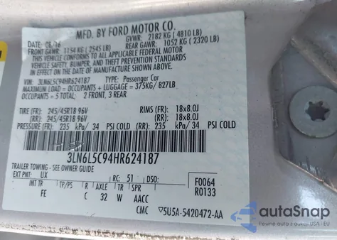 2017 Lincoln Mkz Select из США, поврежденный, VIN 3LN6L5C94HR624187